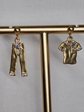 Gold-tone Novelty Pants and Shirt Drop Earrings with Multicolor Rhinestones